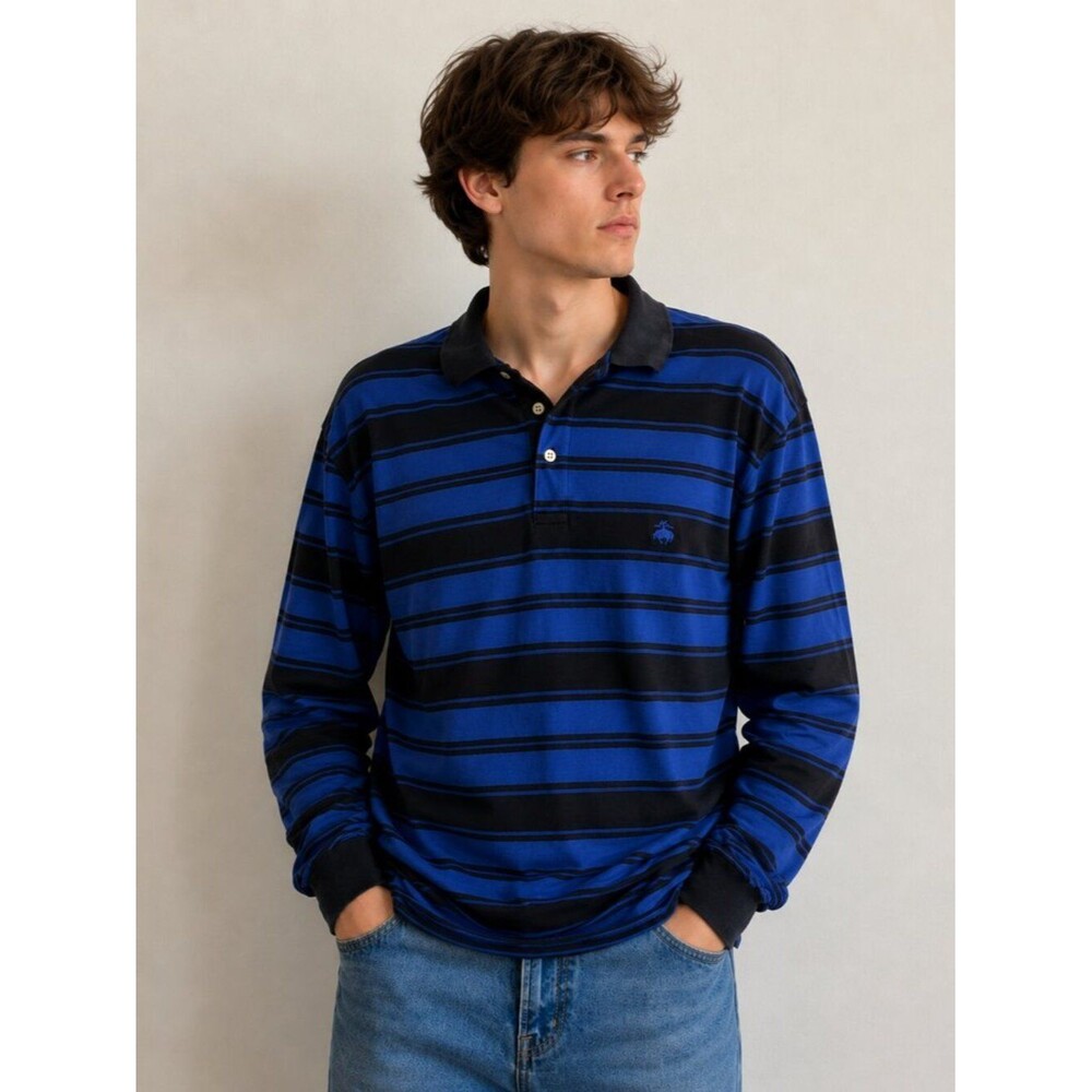 Brooks Brothers 1818 Long Sleeve Polo Shirt XL Blue Black Stripe Cotton Rugby